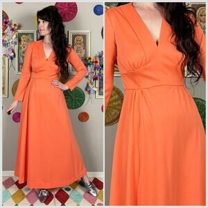 Vintage 1970s Tangerine Orange Long Sleeve Empire Waist Maxi Dress